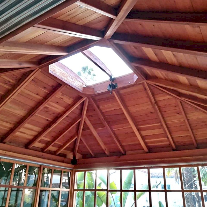 Sun Gazebo with Sliding Doors (Options: 14' L, 14' W, California Redwood, 8 ft Wall Height, 4' x 4' Skylight, Complete Floor, Transparent Premium Sealant). Photo Courtesy of M. Wunderman of Los Angeles, CA. Sun Gazebo with Sliding Doors (Options: 14' L, 14' W, California Redwood, 8 ft Wall Height, 4' x 4' Skylight, Complete Floor, Transparent Premium Sealant). Photo Courtesy of M. Wunderman of Los Angeles, CA.