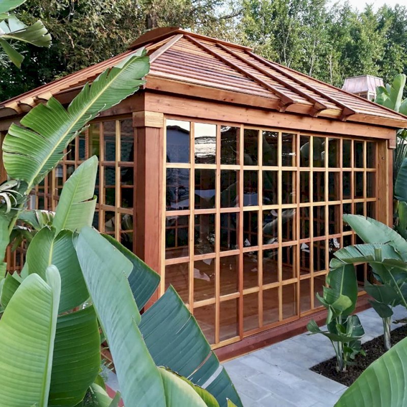 Sun Gazebo with Sliding Doors (Options: 14' L, 14' W, California Redwood, 8 ft Wall Height, 4' x 4' Skylight, Complete Floor, Transparent Premium Sealant). Photo Courtesy of M. Wunderman of Los Angeles, CA. Sun Gazebo with Sliding Doors (Options: 14' L, 14' W, California Redwood, 8 ft Wall Height, 4' x 4' Skylight, Complete Floor, Transparent Premium Sealant). Photo Courtesy of M. Wunderman of Los Angeles, CA.