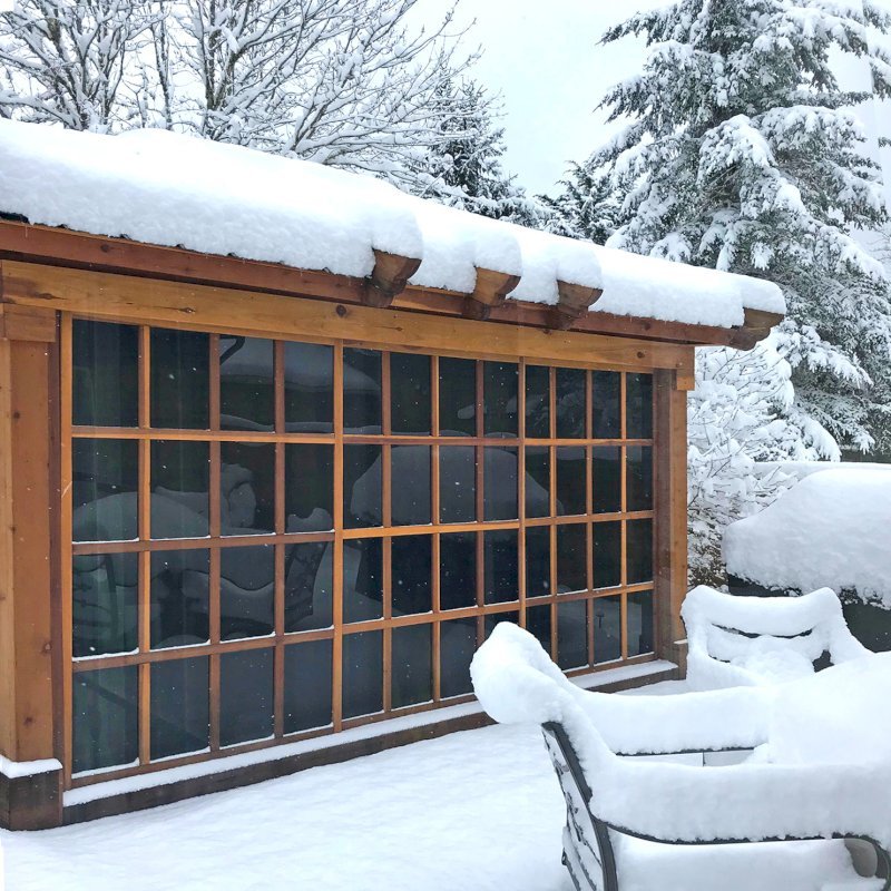 Sun Gazebo with Sliding Doors (Options: 14' L, 12' W, California Redwood, 4' x 4' Skylight, Complete Floor, Transparent Premium Sealant). Metal roof added by custom request. Photo Courtesy of P. Gee of Sammamish, Washington. Sun Gazebo with Sliding Doors (Options: 14' L, 12' W, California Redwood, 4' x 4' Skylight, Complete Floor, Transparent Premium Sealant). Metal roof added by custom request. Photo Courtesy of P. Gee of Sammamish, Washington.