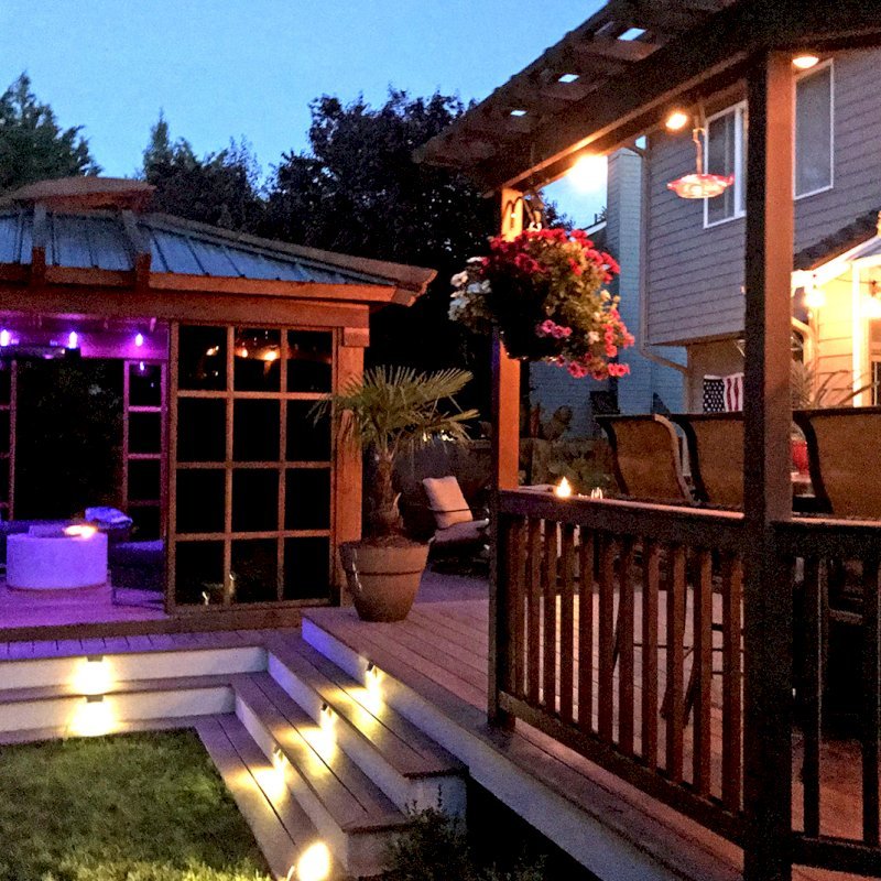 Sun Gazebo with Sliding Doors (Options: 14' L, 12' W, California Redwood, 4' x 4' Skylight, Complete Floor, Transparent Premium Sealant). Metal roof added by custom request. Photo Courtesy of P. Gee of Sammamish, Washington. Sun Gazebo with Sliding Doors (Options: 14' L, 12' W, California Redwood, 4' x 4' Skylight, Complete Floor, Transparent Premium Sealant). Metal roof added by custom request. Photo Courtesy of P. Gee of Sammamish, Washington.