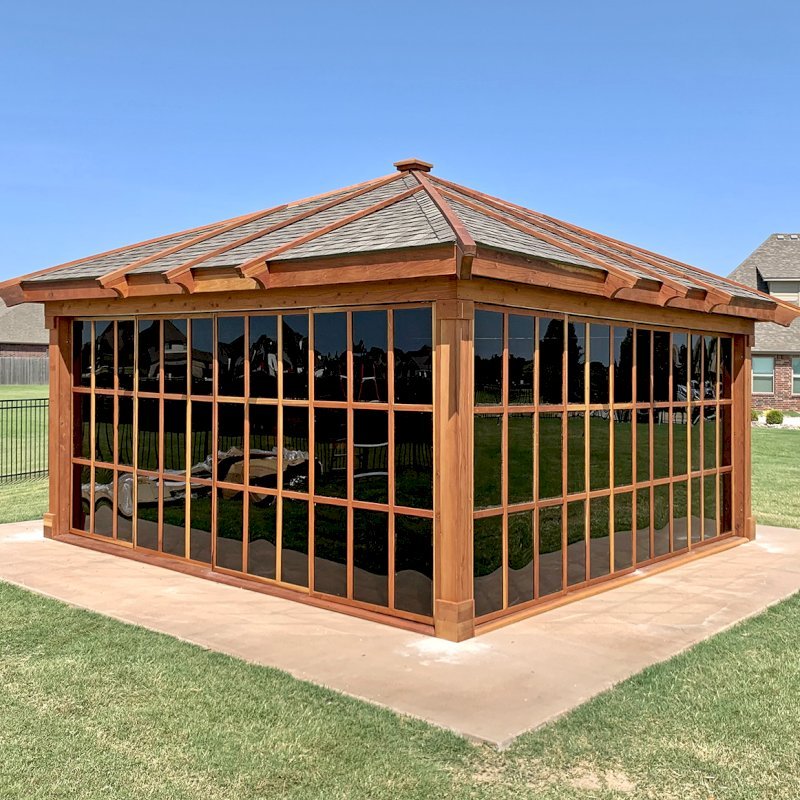 Sun Gazebo with Sliding Doors (Options: 18' L, 18' W, California Redwood, without Skylight, No Flooring, Transparent Premium Sealant). Sun Gazebo with Sliding Doors (Options: 18' L, 18' W, California Redwood, without Skylight, No Flooring, Transparent Premium Sealant).