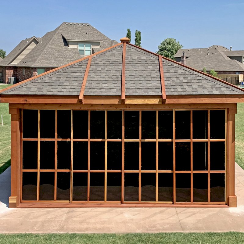 Sun Gazebo with Sliding Doors (Options: 18' L, 18' W, California Redwood, without Skylight, No Flooring, Transparent Premium Sealant). Sun Gazebo with Sliding Doors (Options: 18' L, 18' W, California Redwood, without Skylight, No Flooring, Transparent Premium Sealant).