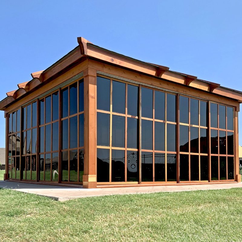Sun Gazebo with Sliding Doors (Options: 18' L, 18' W, California Redwood, without Skylight, No Flooring, Transparent Premium Sealant). Sun Gazebo with Sliding Doors (Options: 18' L, 18' W, California Redwood, without Skylight, No Flooring, Transparent Premium Sealant).