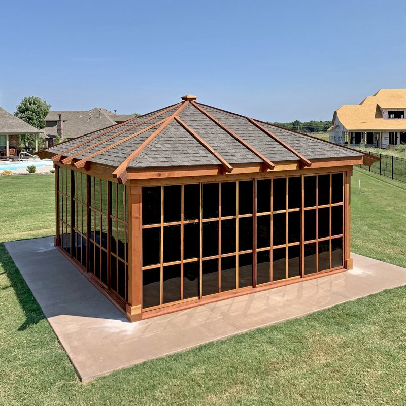 Sun Gazebo with Sliding Doors (Options: 18' L, 18' W, California Redwood, without Skylight, No Flooring, Transparent Premium Sealant). Sun Gazebo with Sliding Doors (Options: 18' L, 18' W, California Redwood, without Skylight, No Flooring, Transparent Premium Sealant).