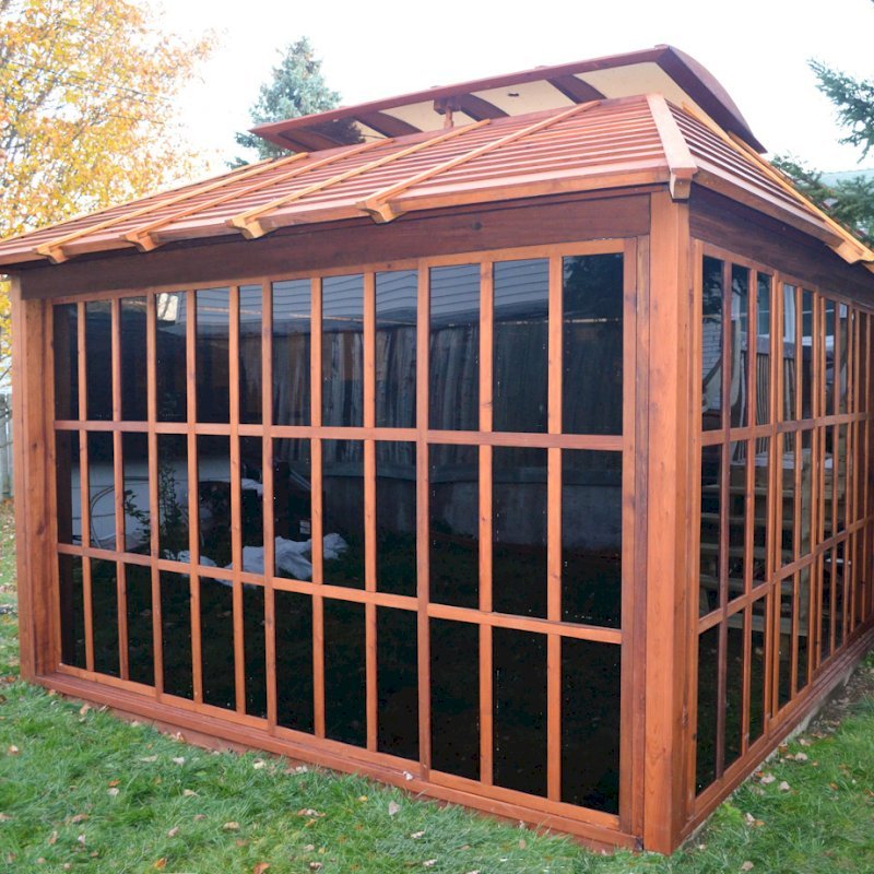 Sun Gazebo with Sliding Doors (Options: 12' L, 12' W, Mature Redwood, 4' x 8' Skylight, No Flooring, Transparent Premium Sealant). Photo Courtesy of Stephane Jean of Chicoutimi, Quebec. Sun Gazebo with Sliding Doors (Options: 12' L, 12' W, Mature Redwood, 4' x 8' Skylight, No Flooring, Transparent Premium Sealant). Photo Courtesy of Stephane Jean of Chicoutimi, Quebec.