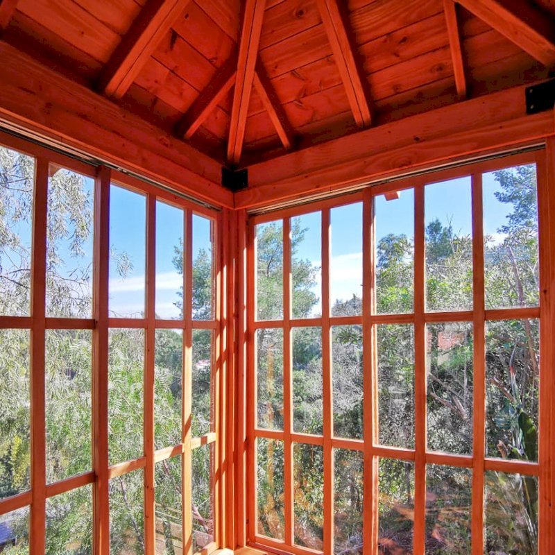 Sun Gazebo with Sliding Doors (Options: Custom Size 6' L x 6' W, Douglas-fir, 7 ft Wall Height, Without Skylight, Complete Floor, Transparent Premium Sealant). Photo Courtesy of T. Standing of Hollywood, CA. Sun Gazebo with Sliding Doors (Options: Custom Size 6' L x 6' W, Douglas-fir, 7 ft Wall Height, Without Skylight, Complete Floor, Transparent Premium Sealant). Photo Courtesy of T. Standing of Hollywood, CA.