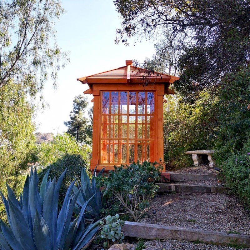 Sun Gazebo with Sliding Doors (Options: Custom Size 6' L x 6' W, Douglas-fir, 7 ft Wall Height, Without Skylight, Complete Floor, Transparent Premium Sealant). Photo Courtesy of T. Standing of Hollywood, CA. Sun Gazebo with Sliding Doors (Options: Custom Size 6' L x 6' W, Douglas-fir, 7 ft Wall Height, Without Skylight, Complete Floor, Transparent Premium Sealant). Photo Courtesy of T. Standing of Hollywood, CA.
