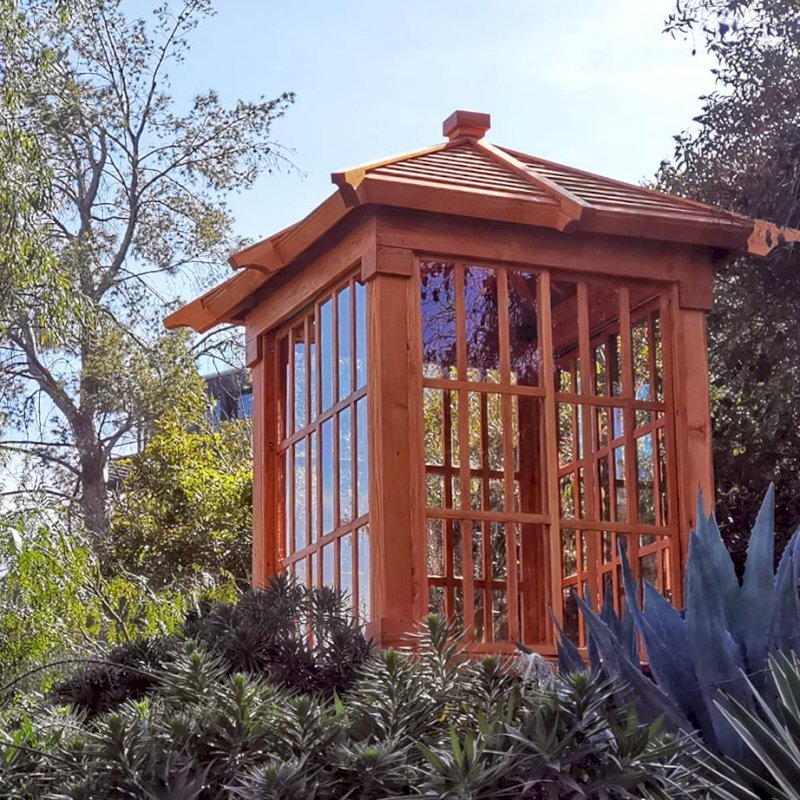 Sun Gazebo with Sliding Doors (Options: Custom Size 6' L x 6' W, Douglas-fir, 7 ft Wall Height, Without Skylight, Complete Floor, Transparent Premium Sealant). Photo Courtesy of T. Standing of Hollywood, CA. Sun Gazebo with Sliding Doors (Options: Custom Size 6' L x 6' W, Douglas-fir, 7 ft Wall Height, Without Skylight, Complete Floor, Transparent Premium Sealant). Photo Courtesy of T. Standing of Hollywood, CA.