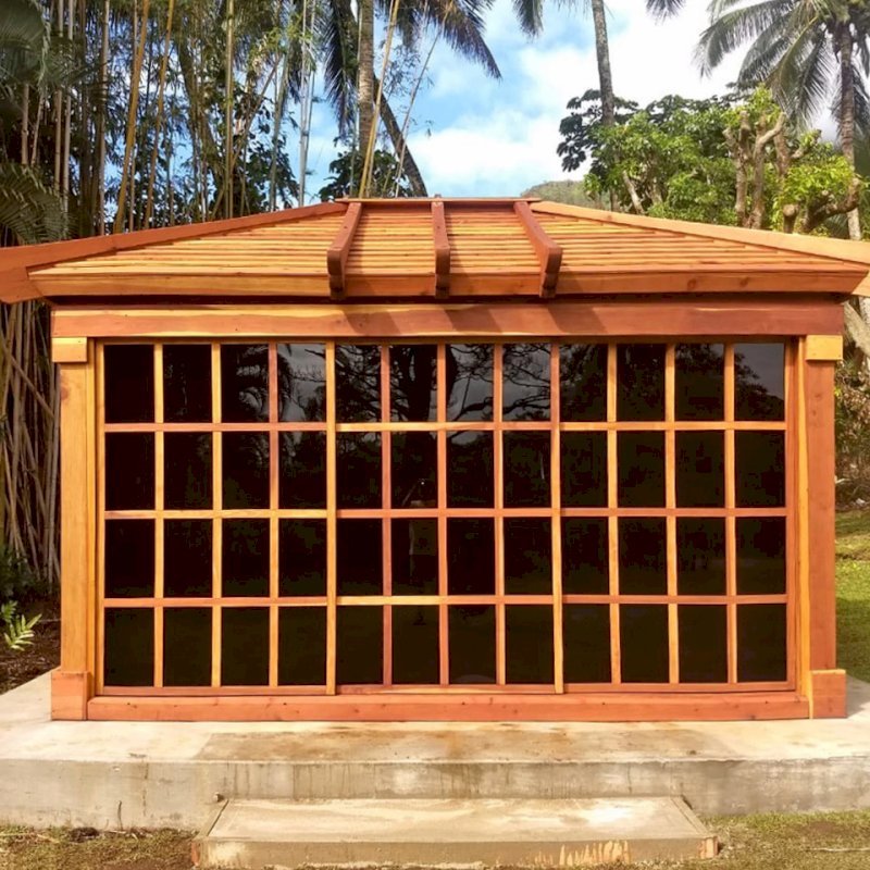 Sun Gazebo with Sliding Doors (Options: 14' L, 12' W, California Redwood, 4' x 4' Skylight, Standard Wood Roof, Complete Floor, Transparent Premium Sealant). Photo Courtesy of C. Tokars of Kaneohe, Hawaii. Sun Gazebo with Sliding Doors (Options: 14' L, 12' W, California Redwood, 4' x 4' Skylight, Standard Wood Roof, Complete Floor, Transparent Premium Sealant). Photo Courtesy of C. Tokars of Kaneohe, Hawaii.