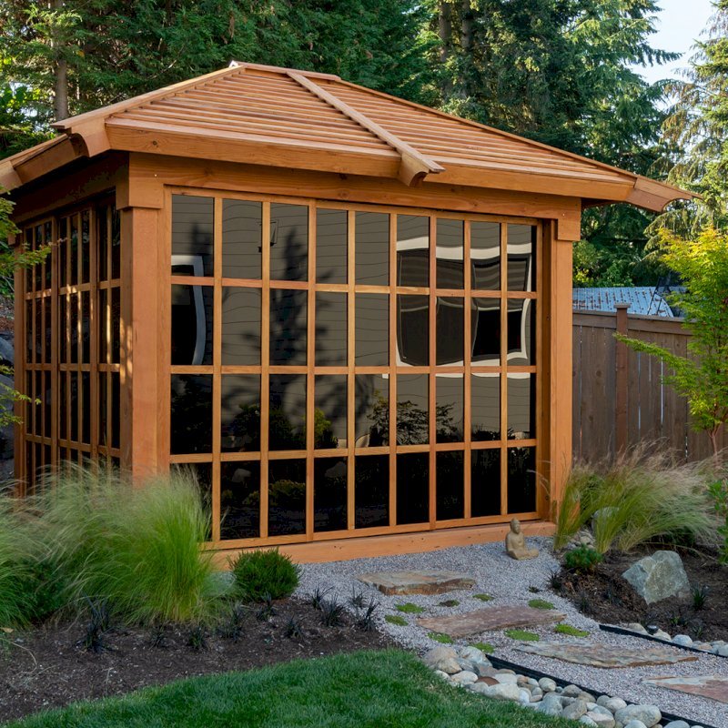 Sun Gazebo with Sliding Doors (Options: Custom Size 10' L x 8' W, Douglas-fir, 7 ft Wall Height, Without Skylight, Complete Floor, Standard Wood Roof, Transparent Premium Sealant). Photo Courtesy of Tony Branton of Bellevue, Washington. Sun Gazebo with Sliding Doors (Options: Custom Size 10' L x 8' W, Douglas-fir, 7 ft Wall Height, Without Skylight, Complete Floor, Standard Wood Roof, Transparent Premium Sealant). Photo Courtesy of Tony Branton of Bellevue, Washington.