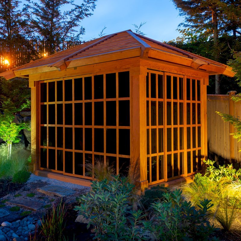 Sun Gazebo with Sliding Doors (Options: Custom Size 10' L x 8' W, Douglas-fir, 7 ft Wall Height, Without Skylight, Complete Floor, Standard Wood Roof, Transparent Premium Sealant). Photo Courtesy of Tony Branton of Bellevue, Washington. Sun Gazebo with Sliding Doors (Options: Custom Size 10' L x 8' W, Douglas-fir, 7 ft Wall Height, Without Skylight, Complete Floor, Standard Wood Roof, Transparent Premium Sealant). Photo Courtesy of Tony Branton of Bellevue, Washington.