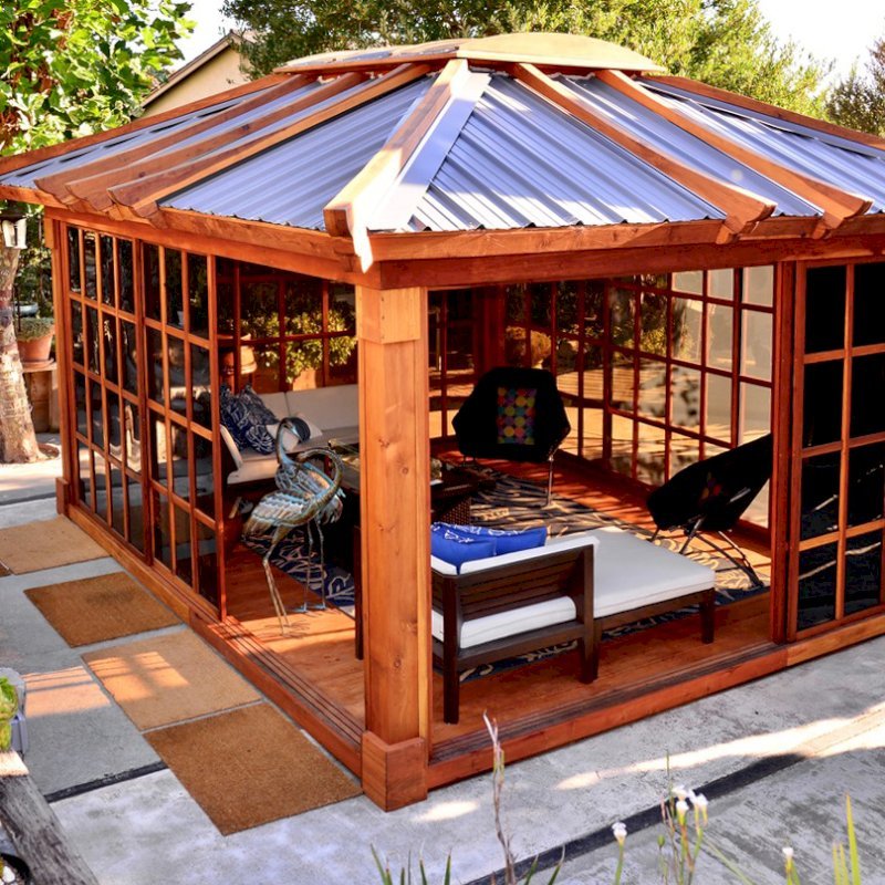 Sun Gazebo with Sliding Doors (Options: 14' L, 12' W, California Redwood, 4' x 6' Skylight, Complete Floor, Transparent Premium Sealant). Metal roof added by custom request. Photo Courtesy of A. Ramon of South San Francisco, CA. Note: Metal Roof provided by Home Depot: 12ft. Classic Rib Steel Roof Panel in Charcoal, Model #2313417, Internet #204255071 Sun Gazebo with Sliding Doors (Options: 14' L, 12' W, California Redwood, 4' x 6' Skylight, Complete Floor, Transparent Premium Sealant). Metal roof added by custom request. Photo Courtesy of A. Ramon of South San Francisco, CA. Note: Metal Roof provided by Home Depot: 12ft. Classic Rib Steel Roof Panel in Charcoal, Model #2313417, Internet #204255071