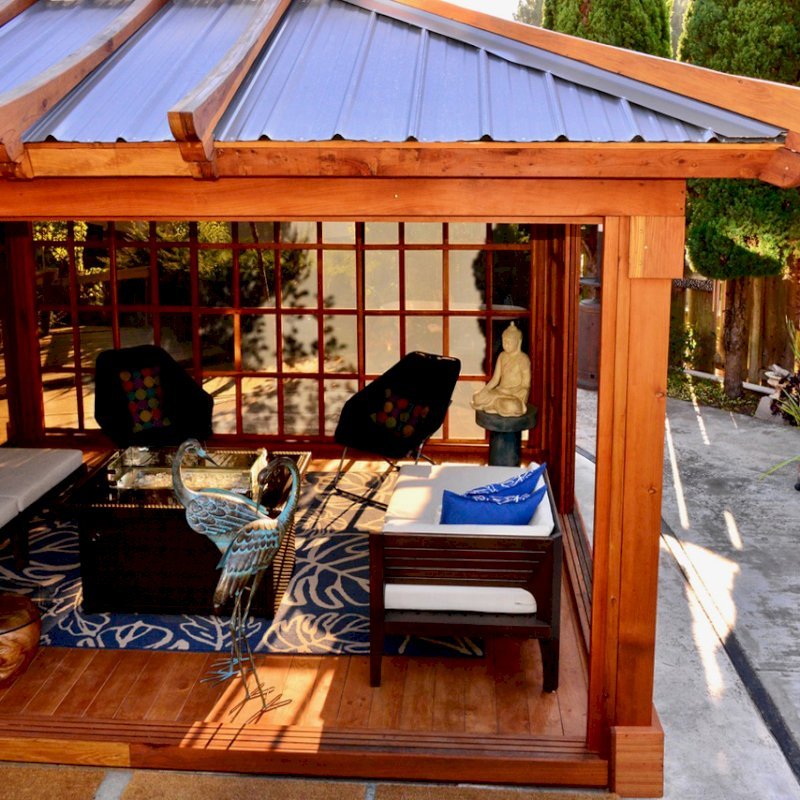 Sun Gazebo with Sliding Doors (Options: 14' L, 12' W, California Redwood, 4' x 6' Skylight, Complete Floor, Transparent Premium Sealant). Metal roof added by custom request. Photo Courtesy of A. Ramon of South San Francisco, CA. Note: Metal Roof provided by Home Depot: 12ft. Classic Rib Steel Roof Panel in Charcoal, Model #2313417, Internet #204255071 Sun Gazebo with Sliding Doors (Options: 14' L, 12' W, California Redwood, 4' x 6' Skylight, Complete Floor, Transparent Premium Sealant). Metal roof added by custom request. Photo Courtesy of A. Ramon of South San Francisco, CA. Note: Metal Roof provided by Home Depot: 12ft. Classic Rib Steel Roof Panel in Charcoal, Model #2313417, Internet #204255071