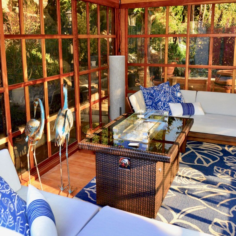 Sun Gazebo with Sliding Doors (Options: 14' L, 12' W, California Redwood, 4' x 6' Skylight, Complete Floor, Transparent Premium Sealant). Metal roof added by custom request. Photo Courtesy of A. Ramon of South San Francisco, CA. Sun Gazebo with Sliding Doors (Options: 14' L, 12' W, California Redwood, 4' x 6' Skylight, Complete Floor, Transparent Premium Sealant). Metal roof added by custom request. Photo Courtesy of A. Ramon of South San Francisco, CA.