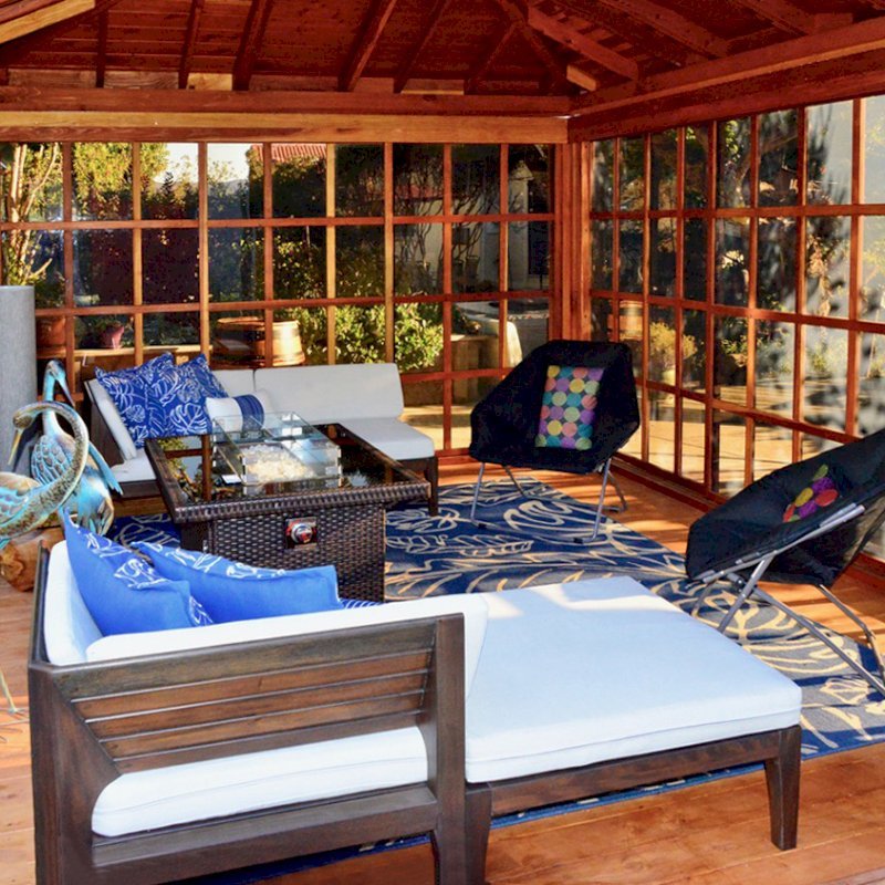 Sun Gazebo with Sliding Doors (Options: 14' L, 12' W, California Redwood, 4' x 6' Skylight, Complete Floor, Transparent Premium Sealant). Metal roof added by custom request. Photo Courtesy of A. Ramon of South San Francisco, CA. Sun Gazebo with Sliding Doors (Options: 14' L, 12' W, California Redwood, 4' x 6' Skylight, Complete Floor, Transparent Premium Sealant). Metal roof added by custom request. Photo Courtesy of A. Ramon of South San Francisco, CA.