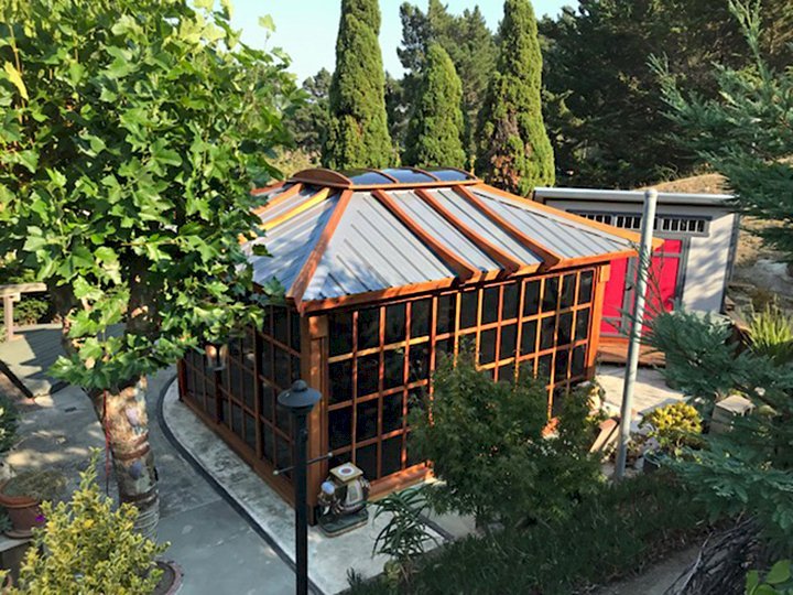 Sun Gazebo (Options: 14' L, 12' W, Redwood, 4' x 6' Skylight, Complete Floor, Transparent Premium Sealant). Metal roof added by custom request. Photo Courtesy of A. Ramon of South San Francisco, CA. Note: Metal Roof provided by Home Depot: 12ft. Classic Rib Steel Roof Panel in Charcoal, Model #2313417, Internet #204255071 Sun Gazebo (Options: 14' L, 12' W, Redwood, 4' x 6' Skylight, Complete Floor, Transparent Premium Sealant). Metal roof added by custom request. Photo Courtesy of A. Ramon of South San Francisco, CA. Note: Metal Roof provided by Home Depot: 12ft. Classic Rib Steel Roof Panel in Charcoal, Model #2313417, Internet #204255071