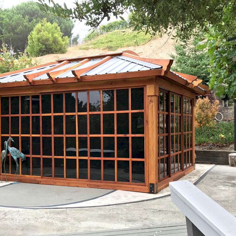 Sun Gazebo with Sliding Doors (Options: 14' L, 12' W, California Redwood, 4' x 6' Skylight, Complete Floor, Transparent Premium Sealant). Metal roof added by custom request. Photo Courtesy of A. Ramon of South San Francisco, CA. Note: Metal Roof has Provided by Home Depot: 12ft. Classic Rib Steel Roof Panel in Charcoal. Model #2313417, Internet #204255071 Sun Gazebo with Sliding Doors (Options: 14' L, 12' W, California Redwood, 4' x 6' Skylight, Complete Floor, Transparent Premium Sealant). Metal roof added by custom request. Photo Courtesy of A. Ramon of South San Francisco, CA. Note: Metal Roof has Provided by Home Depot: 12ft. Classic Rib Steel Roof Panel in Charcoal. Model #2313417, Internet #204255071