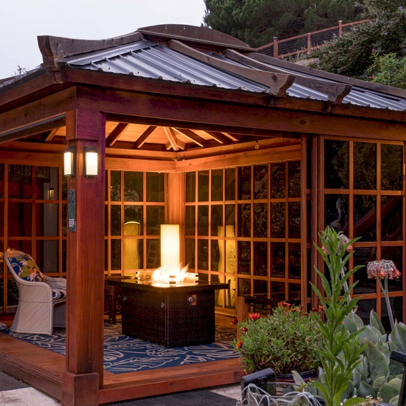 Sun Gazebo with Sliding Doors (Options: 14' L, 12' W, California Redwood, 4' x 6' Skylight, Complete Floor, Transparent Premium Sealant). Metal roof added by custom request. Photo Taken 4 Years After Installation. Photo Courtesy of A. Ramon of South San Francisco, CA. Note: Metal Roof provided by Home Depot: 12ft. Classic Rib Steel Roof Panel in Charcoal, Model #2313417, Internet #204255071 Sun Gazebo with Sliding Doors (Options: 14' L, 12' W, California Redwood, 4' x 6' Skylight, Complete Floor, Transparent Premium Sealant). Metal roof added by custom request. Photo Taken 4 Years After Installation. Photo Courtesy of A. Ramon of South San Francisco, CA. Note: Metal Roof provided by Home Depot: 12ft. Classic Rib Steel Roof Panel in Charcoal, Model #2313417, Internet #204255071