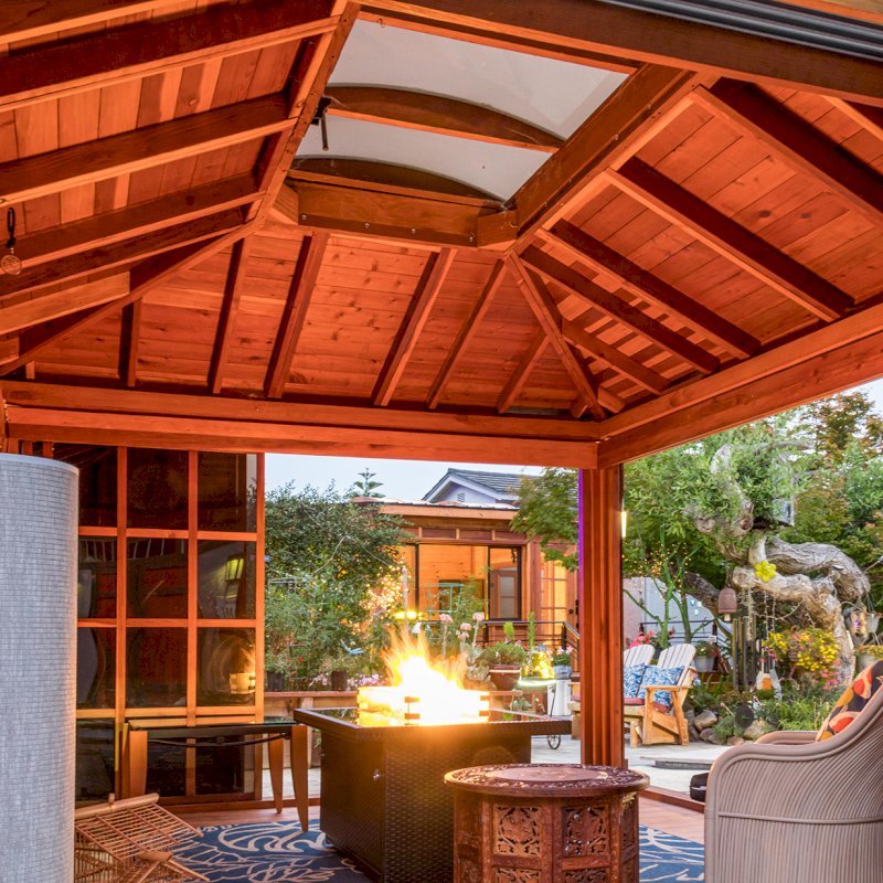 Sun Gazebo with Sliding Doors (Options: 14' L, 12' W, California Redwood, 4' x 6' Skylight, Complete Floor, Transparent Premium Sealant). Metal roof added by custom request. Photo Taken 4 Years After Installation. Photo Courtesy of A. Ramon of South San Francisco, CA. Note: Metal Roof provided by Home Depot: 12ft. Classic Rib Steel Roof Panel in Charcoal, Model #2313417, Internet #204255071 Sun Gazebo with Sliding Doors (Options: 14' L, 12' W, California Redwood, 4' x 6' Skylight, Complete Floor, Transparent Premium Sealant). Metal roof added by custom request. Photo Taken 4 Years After Installation. Photo Courtesy of A. Ramon of South San Francisco, CA. Note: Metal Roof provided by Home Depot: 12ft. Classic Rib Steel Roof Panel in Charcoal, Model #2313417, Internet #204255071