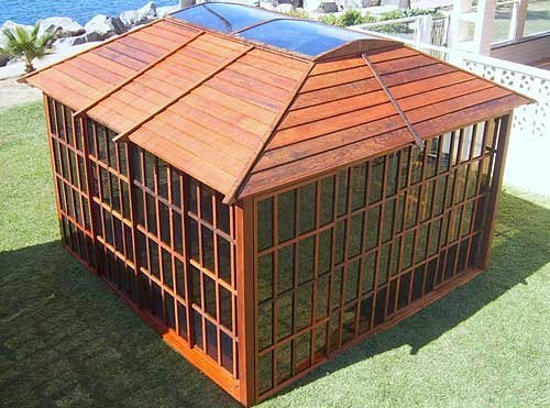 Sun Gazebo (Options: 12' L, 12' W, Mature Redwood, 4' x 8' Skylight, No Flooring, Transparent Premium Sealant). Sun Gazebo (Options: 12' L, 12' W, Mature Redwood, 4' x 8' Skylight, No Flooring, Transparent Premium Sealant).