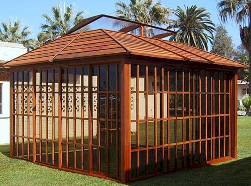 Sun Gazebo (Options: 12' L, 12' W, Mature Redwood, 4' x 8' Skylight, No Flooring, Transparent Premium Sealant). Please note photo was taken with two rear wall panels all removed to add light so you can see thru the remaining front walls clearly. Sun Gazebo (Options: 12' L, 12' W, Mature Redwood, 4' x 8' Skylight, No Flooring, Transparent Premium Sealant). Please note photo was taken with two rear wall panels all removed to add light so you can see thru the remaining front walls clearly.