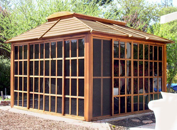 Sun Gazebo (Options: 12' L, 12' W, Mature Redwood, 4' x 8' Skylight, No Flooring, Transparent Premium Sealant). Photo shows optional screen panels. Sun Gazebo (Options: 12' L, 12' W, Mature Redwood, 4' x 8' Skylight, No Flooring, Transparent Premium Sealant). Photo shows optional screen panels.