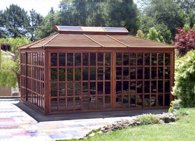 Sun Gazebo (Options: 16' L, 16' W, Redwood, 4' x 8' Skylight, No Flooring, Transparent Premium Sealant). All Wall Panels Closed. Sun Gazebo (Options: 16' L, 16' W, Redwood, 4' x 8' Skylight, No Flooring, Transparent Premium Sealant). All Wall Panels Closed.