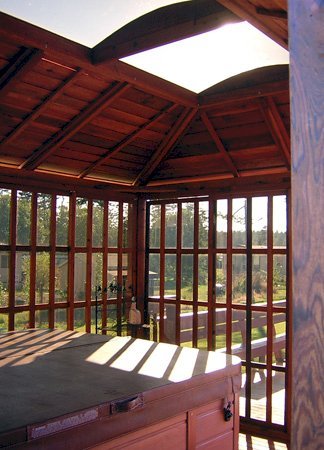 Sun Gazebo Interior with Hot Tub (Options: 12' L, 12' W, Redwood, 4' x 8' Skylight, No Flooring, Transparent Premium Sealant). Hot tub not included. Sun Gazebo Interior with Hot Tub (Options: 12' L, 12' W, Redwood, 4' x 8' Skylight, No Flooring, Transparent Premium Sealant). Hot tub not included.