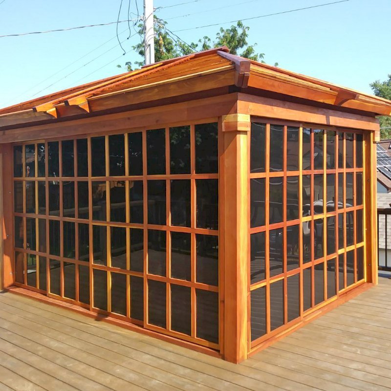 Sun Gazebo with Sliding Doors (Options: 14' L, 10' W, California Redwood, No Skylight, No Flooring, Transparent Premium Sealant). Photo Courtesy of L. Lundsten of St. Paul, MN. Sun Gazebo with Sliding Doors (Options: 14' L, 10' W, California Redwood, No Skylight, No Flooring, Transparent Premium Sealant). Photo Courtesy of L. Lundsten of St. Paul, MN.