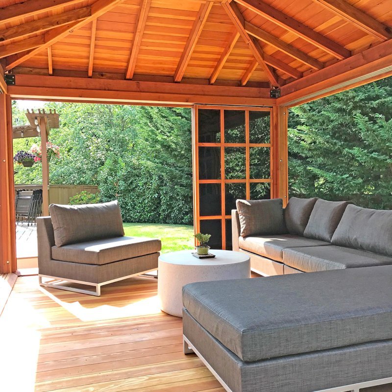 Sun Gazebo with Sliding Doors (Options: 14' L, 12' W, California Redwood, 3' x 5' Skylight, Complete Floor, Transparent Premium Sealant). Photo Courtesy of P. Gee of Sammamish, WA. Sun Gazebo with Sliding Doors (Options: 14' L, 12' W, California Redwood, 3' x 5' Skylight, Complete Floor, Transparent Premium Sealant). Photo Courtesy of P. Gee of Sammamish, WA.