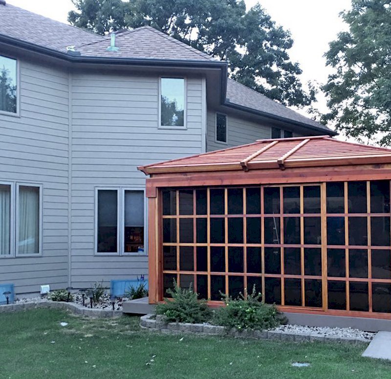Sun Gazebo with Sliding Doors (Options: 10' L, 14' W, California Redwood, Without Skylight, No Floor, Transparent Premium Sealant). Photo Courtesy of R. Hayko of Andover, MN. Sun Gazebo with Sliding Doors (Options: 10' L, 14' W, California Redwood, Without Skylight, No Floor, Transparent Premium Sealant). Photo Courtesy of R. Hayko of Andover, MN.