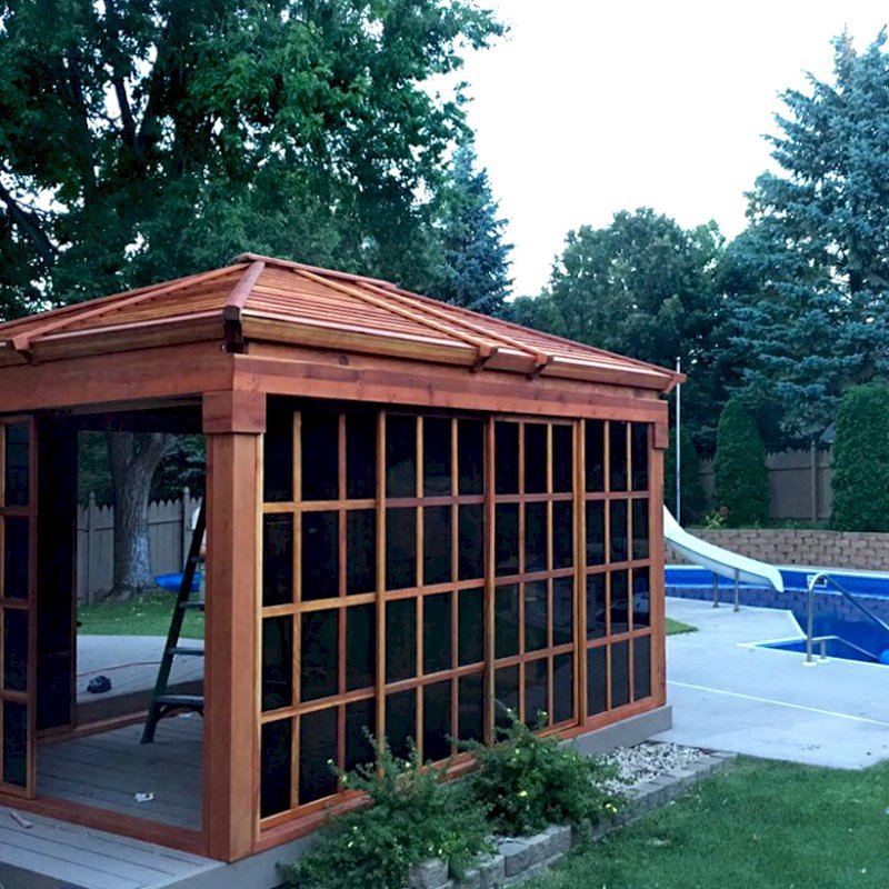 Sun Gazebo with Sliding Doors (Options: 10' L, 14' W, California Redwood, Without Skylight, No Floor, Transparent Premium Sealant). Photo Courtesy of R. Hayko of Andover, MN. Sun Gazebo with Sliding Doors (Options: 10' L, 14' W, California Redwood, Without Skylight, No Floor, Transparent Premium Sealant). Photo Courtesy of R. Hayko of Andover, MN.