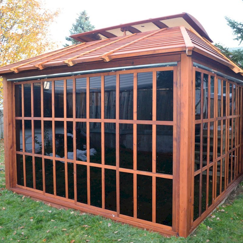 Sun Gazebo (Options: 12' L, 12' W, Mature Redwood, 4' x 8' Skylight, No Flooring, Transparent Premium Sealant). Photo Courtesy of Stephane Jean of Chicoutimi, Quebec. Sun Gazebo (Options: 12' L, 12' W, Mature Redwood, 4' x 8' Skylight, No Flooring, Transparent Premium Sealant). Photo Courtesy of Stephane Jean of Chicoutimi, Quebec.