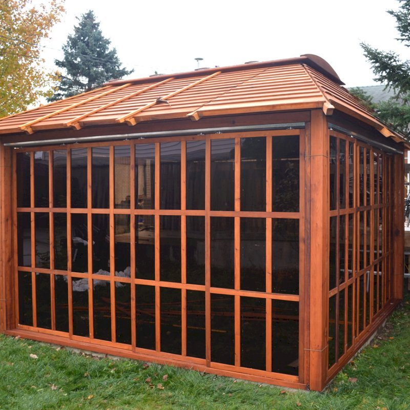 Sun Gazebo (Options: 12' L, 12' W, Mature Redwood, 4' x 8' Skylight, No Flooring, Transparent Premium Sealant). Photo Courtesy of Stephane Jean of Chicoutimi, Quebec. Sun Gazebo (Options: 12' L, 12' W, Mature Redwood, 4' x 8' Skylight, No Flooring, Transparent Premium Sealant). Photo Courtesy of Stephane Jean of Chicoutimi, Quebec.