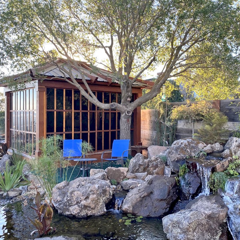 Sun Gazebo with Sliding Doors (Options: Custom Size 12' L x 10' W, California Redwood, 8 ft Wall Height, With One Solid Wall by Custom Request, Without Skylight, Complete Floor, with Metal Roof, Transparent Premium Sealant). Photo Courtesy of M. Locati of Lafayette, CA. Sun Gazebo with Sliding Doors (Options: Custom Size 12' L x 10' W, California Redwood, 8 ft Wall Height, With One Solid Wall by Custom Request, Without Skylight, Complete Floor, with Metal Roof, Transparent Premium Sealant). Photo Courtesy of M. Locati of Lafayette, CA.