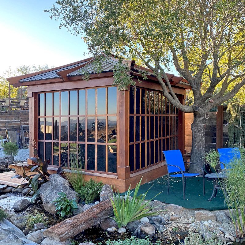Sun Gazebo with Sliding Doors (Options: Custom Size 12' L x 10' W, California Redwood, 8 ft Wall Height, With One Solid Wall by Custom Request, Without Skylight, Complete Floor, with Metal Roof, Transparent Premium Sealant). Photo Courtesy of M. Locati of Lafayette, CA. Sun Gazebo with Sliding Doors (Options: Custom Size 12' L x 10' W, California Redwood, 8 ft Wall Height, With One Solid Wall by Custom Request, Without Skylight, Complete Floor, with Metal Roof, Transparent Premium Sealant). Photo Courtesy of M. Locati of Lafayette, CA.