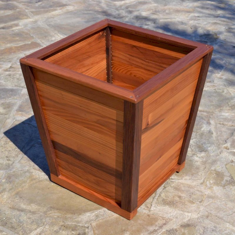 Tapered Planters (Options: 15" Square Base x 21" Square Top x 18"H, Mature Redwood, 3/4-inch feet, Interior and Exterior of Box with Sealant (No Growing Vegetables), Transparent Premium Sealant). Tapered Planters (Options: 15" Square Base x 21" Square Top x 18"H, Mature Redwood, 3/4-inch feet, Interior and Exterior of Box with Sealant (No Growing Vegetables), Transparent Premium Sealant).