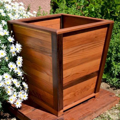 Tapered Planters (Options: 15" Square Base x 21" Square Top x 18"H, Mature Redwood, 3/4-inch feet, Interior and Exterior of Box with Sealant (No Growing Vegetables), Transparent Premium Sealant).