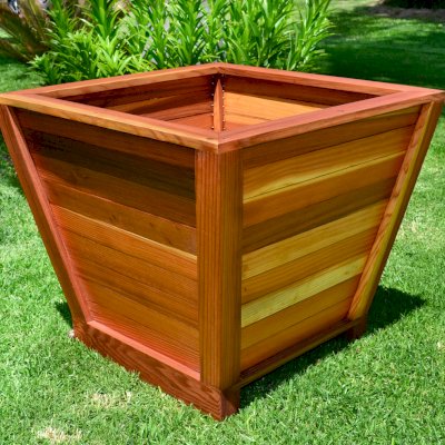 Tapered Planters (Options: 15" Square Base x 21" Square Top x 18"H, Redwood, 3/4-inch feet, Interior and Exterior of Box with Sealant (No Growing Vegetables), Transparent Premium Sealant).