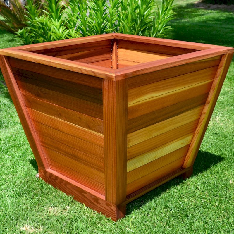 Tapered Planters (Options: 15" Square Base x 21" Square Top x 18"H, Redwood, 3/4-inch feet, Interior and Exterior of Box with Sealant (No Growing Vegetables), Transparent Premium Sealant). Tapered Planters (Options: 15" Square Base x 21" Square Top x 18"H, Redwood, 3/4-inch feet, Interior and Exterior of Box with Sealant (No Growing Vegetables), Transparent Premium Sealant).