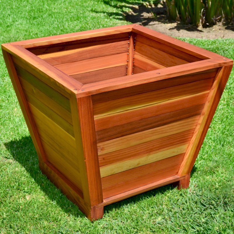Tapered Planters (Options: 15" Square Base x 21" Square Top x 18"H, Redwood, 3/4-inch feet, Interior and Exterior of Box with Sealant (No Growing Vegetables), Transparent Premium Sealant). Tapered Planters (Options: 15" Square Base x 21" Square Top x 18"H, Redwood, 3/4-inch feet, Interior and Exterior of Box with Sealant (No Growing Vegetables), Transparent Premium Sealant).