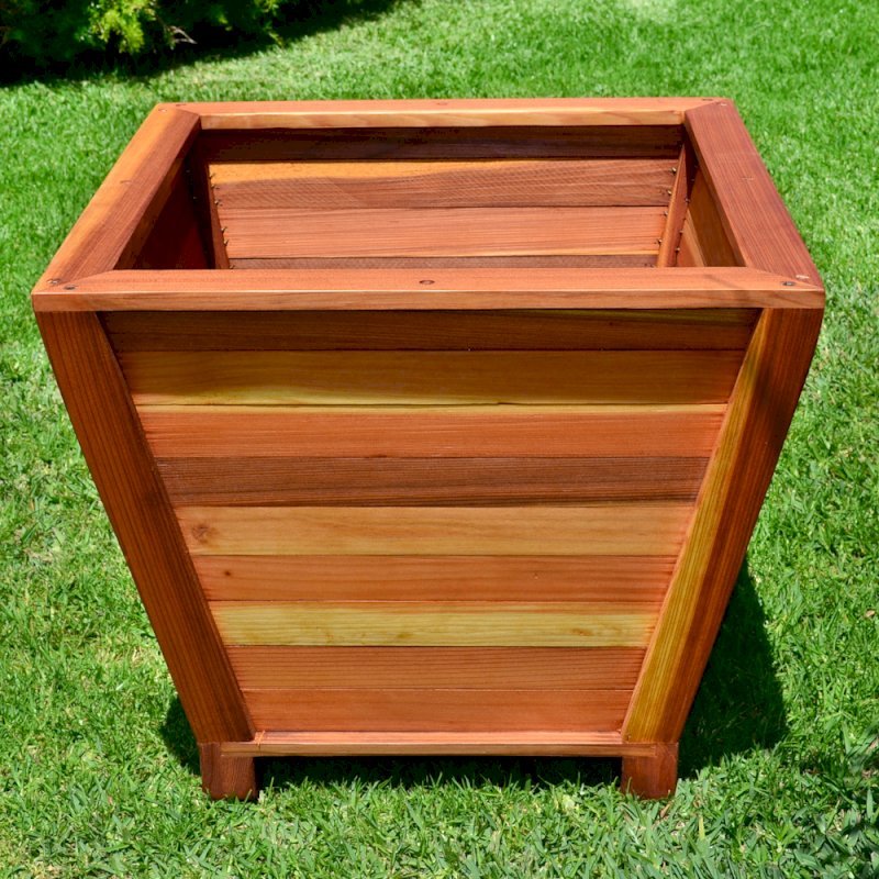 Tapered Planters (Options: 15" Square Base x 21" Square Top x 18"H, Redwood, 3/4-inch feet, Interior and Exterior of Box with Sealant (No Growing Vegetables), Transparent Premium Sealant). Tapered Planters (Options: 15" Square Base x 21" Square Top x 18"H, Redwood, 3/4-inch feet, Interior and Exterior of Box with Sealant (No Growing Vegetables), Transparent Premium Sealant).
