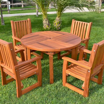 Terrace Round Wooden Table (Options: 4',4 chairs, Mature Redwood, Ruth, All Arm Chairs, No Cushion, Standard Tabletop, Umbrella Hole, Transparent Premium Sealant). 