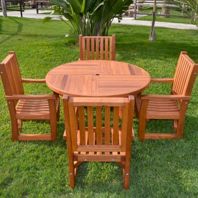 Terrace Round Wooden Table (Options: 4',4 chairs, Mature Redwood, Ruth, All Arm Chairs, No Cushion, Standard Tabletop, Umbrella Hole, Transparent Premium Sealant). 