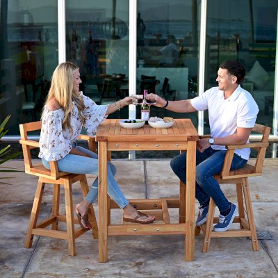 Terrace Wood Cocktail Table (Options: Square, Captain's Bar Stools, Douglas-fir, 42" H Table, Slatted Tabletop, Slightly Rounded Corners, with Swivel Seat, 28" H Seat, No Cushion, Transparent Premium Sealant). 