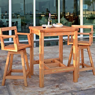 Terrace Wood Cocktail Table (Options: Square, Captain's Bar Stools, Douglas-fir, 42" H Table, Slatted Tabletop, Slightly Rounded Corners, with Swivel Seat, 28" H Seat, No Cushion, Transparent Premium Sealant). 