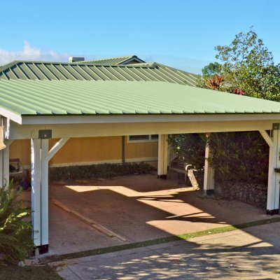 Custom The Big Timber Carport Pavilion (Options: 28 ft Large x 22ft Depth, Redwood, No Electrical Wiring Trim, 8ft H Front Post with 9.5 ft H Back Post, Off-White Oil-Based Primer). Unfinished Ceiling Roof by Custom Request.