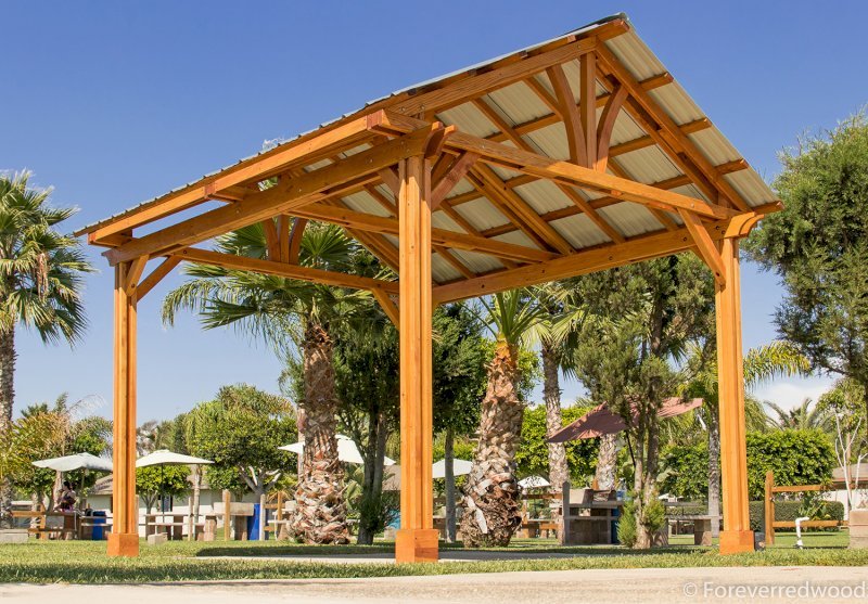 The Breezy Small Pavilion (Options: 14' L x 12' W, Douglas-fir, 4-Post Kit for Gale-Wind, No Ceiling Fan Base, Vertical Decorative Trims, Transparent Premium Sealant). The Breezy Small Pavilion (Options: 14' L x 12' W, Douglas-fir, 4-Post Kit for Gale-Wind, No Ceiling Fan Base, Vertical Decorative Trims, Transparent Premium Sealant).