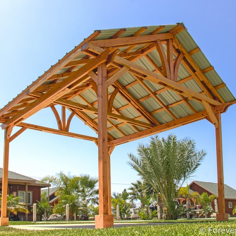 The Breezy Small Pavilion (Options: 14' L x 12' W, Douglas-fir, 4-Post Kit for Gale-Wind, No Ceiling Fan Base, Vertical Decorative Trims, Transparent Premium Sealant). The Breezy Small Pavilion (Options: 14' L x 12' W, Douglas-fir, 4-Post Kit for Gale-Wind, No Ceiling Fan Base, Vertical Decorative Trims, Transparent Premium Sealant).