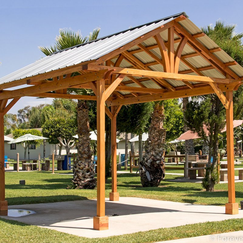 The Breezy Small Pavilion (Options: 14' L x 12' W, Douglas-fir, 4-Post Kit for Gale-Wind, No Ceiling Fan Base, Vertical Decorative Trims, Transparent Premium Sealant). The Breezy Small Pavilion (Options: 14' L x 12' W, Douglas-fir, 4-Post Kit for Gale-Wind, No Ceiling Fan Base, Vertical Decorative Trims, Transparent Premium Sealant).